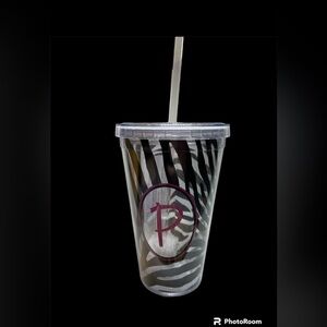 16oz Pink & Black Zebra Tumbler w/ Straw Monogram “P” NWT